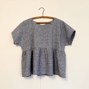 Blue Linen Cotton Short Sleeve Peplum Top